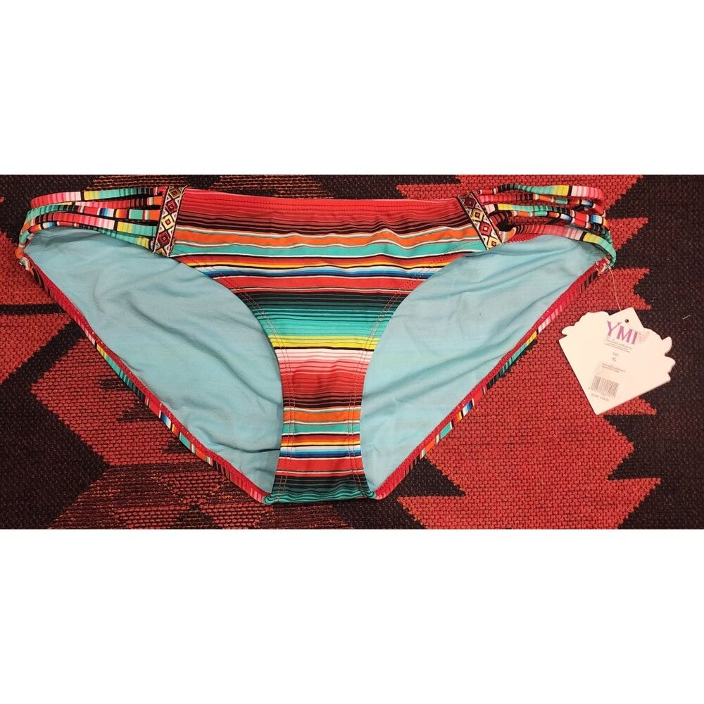 NEW YMI Swimwear Womens Multi-Color Striped Bikini Bottom XL With Side Straps.